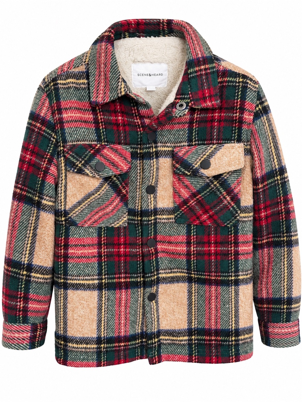 Kids' Red, Green & Tan Plaid Sherpa-Lined Pea Coat